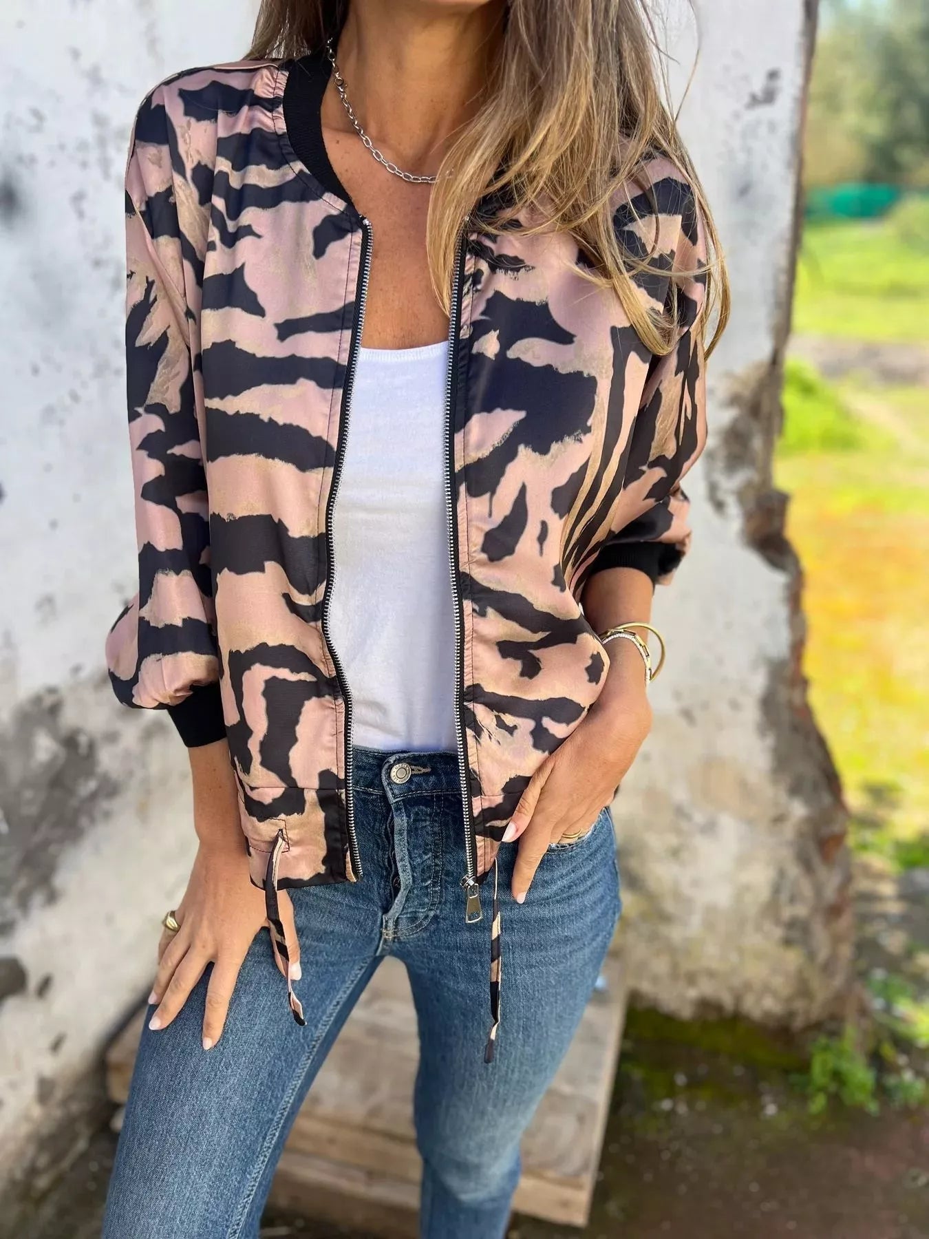 Full Size Zip Up Zebra Print Bomber Jacket Plus Size - Rochelle's House LLC