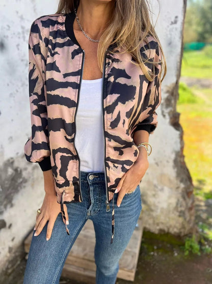 Full Size Zip Up Zebra Print Bomber Jacket Plus Size - Rochelle's House LLC