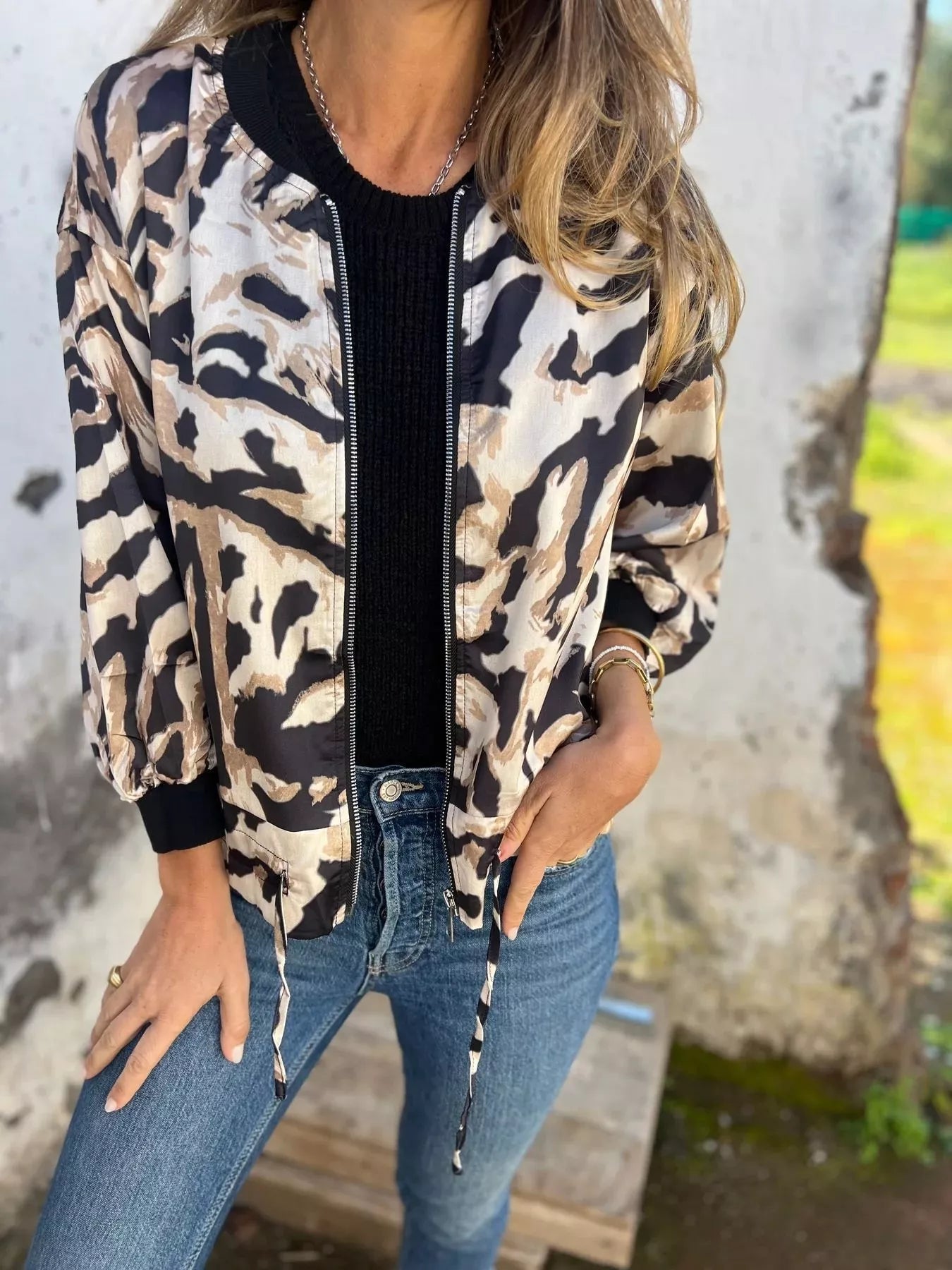 Full Size Zip Up Zebra Print Bomber Jacket Plus Size - Rochelle's House LLC