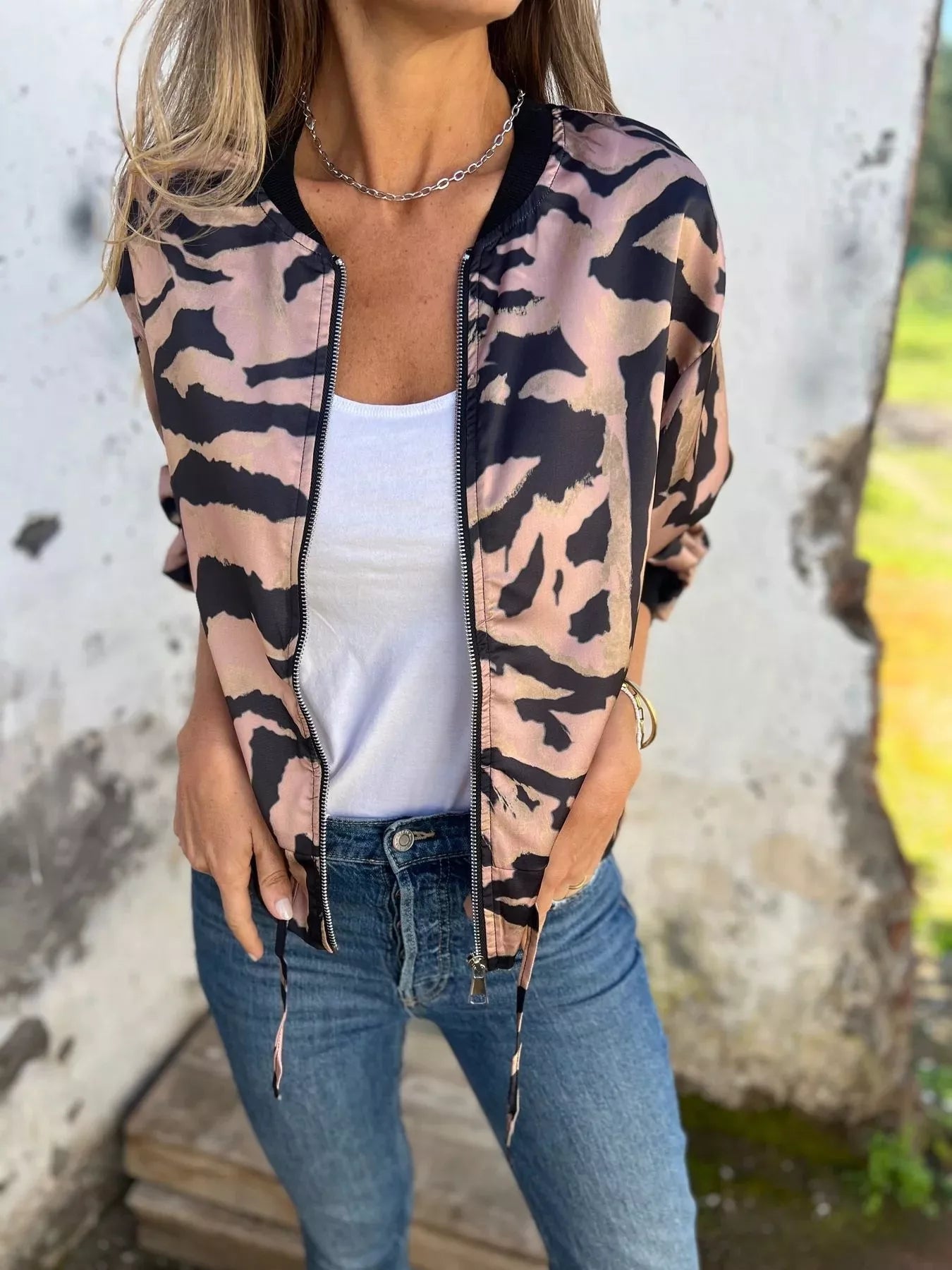Full Size Zip Up Zebra Print Bomber Jacket Plus Size - Rochelle's House LLC