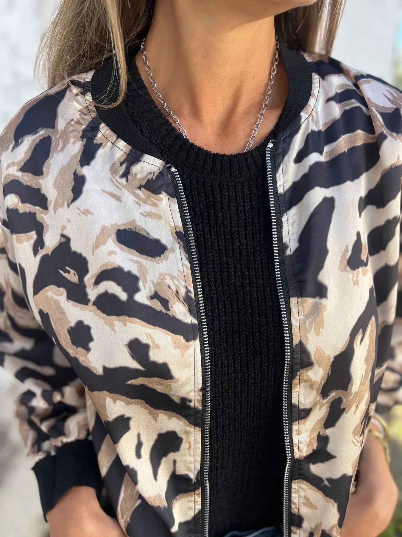 Full Size Zip Up Zebra Print Bomber Jacket Plus Size - Rochelle's House LLC