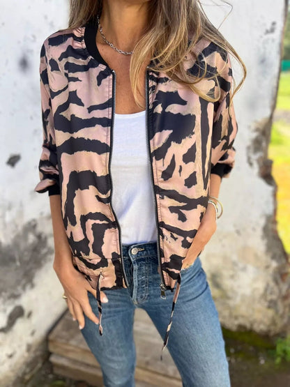 Full Size Zip Up Zebra Print Bomber Jacket Plus Size - Rochelle's House LLC