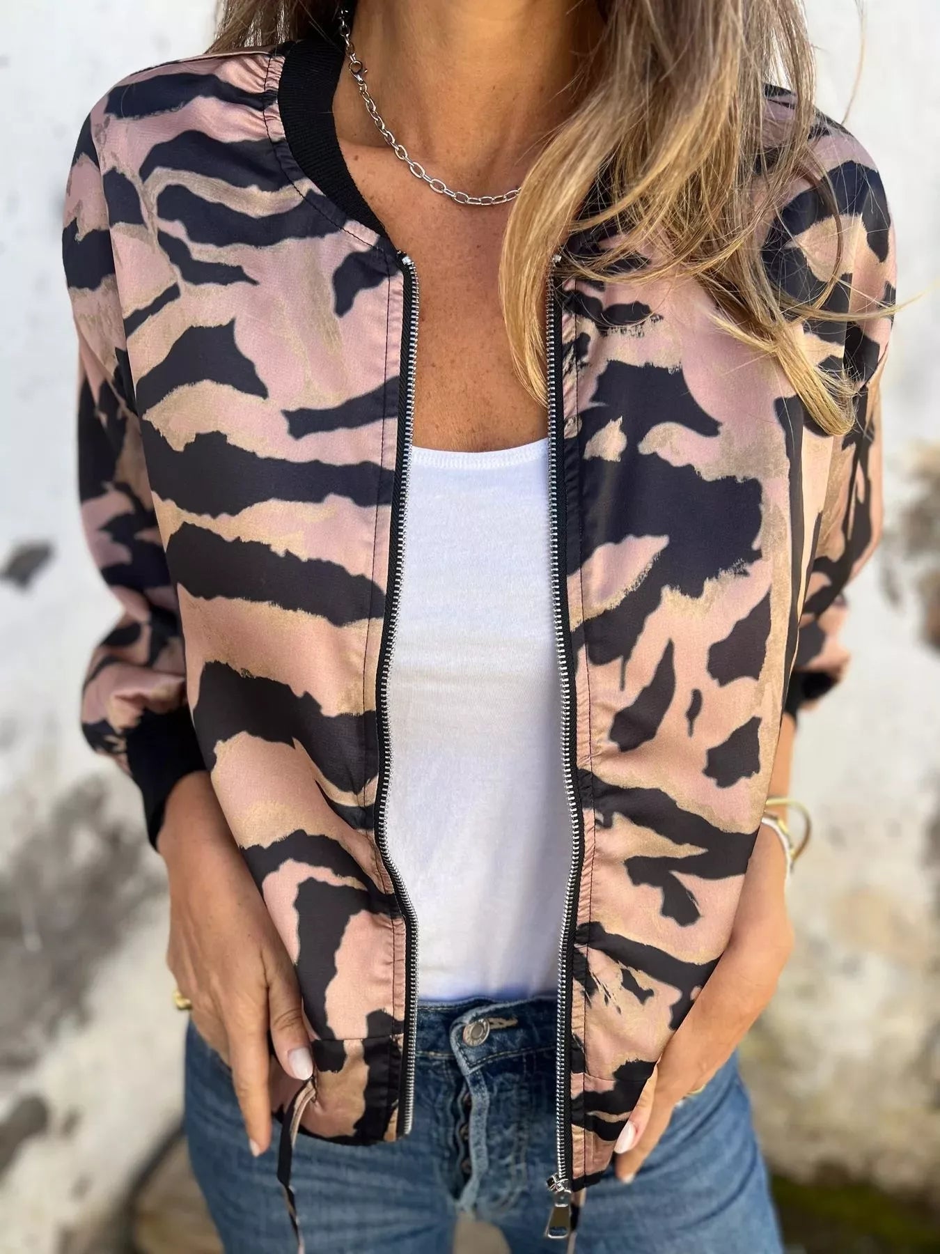 Full Size Zip Up Zebra Print Bomber Jacket Plus Size - Rochelle's House LLC