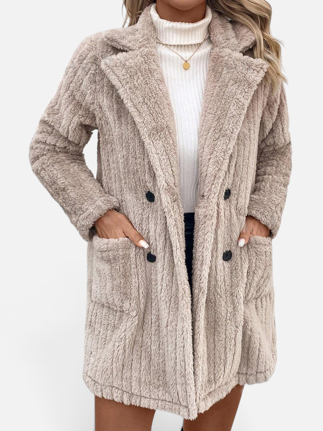 Fuzzy Button Up Long Sleeve Coat with Pockets - Rochelle's House LLC