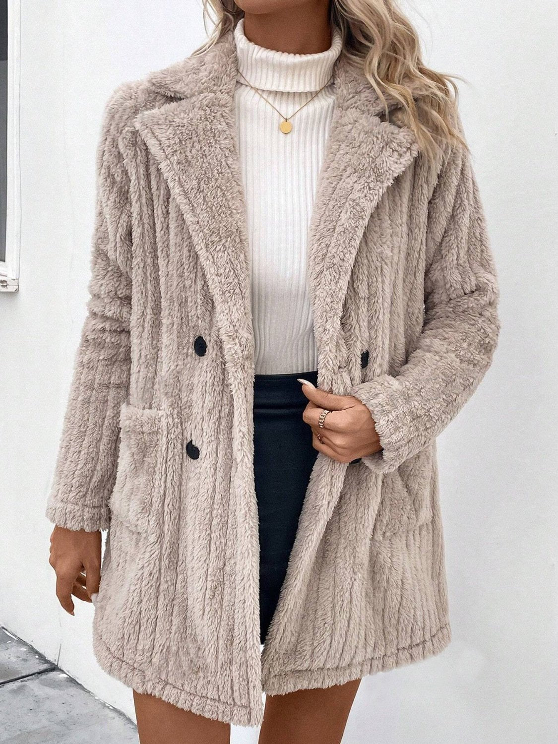 Fuzzy Button Up Long Sleeve Coat with Pockets - Rochelle's House LLC
