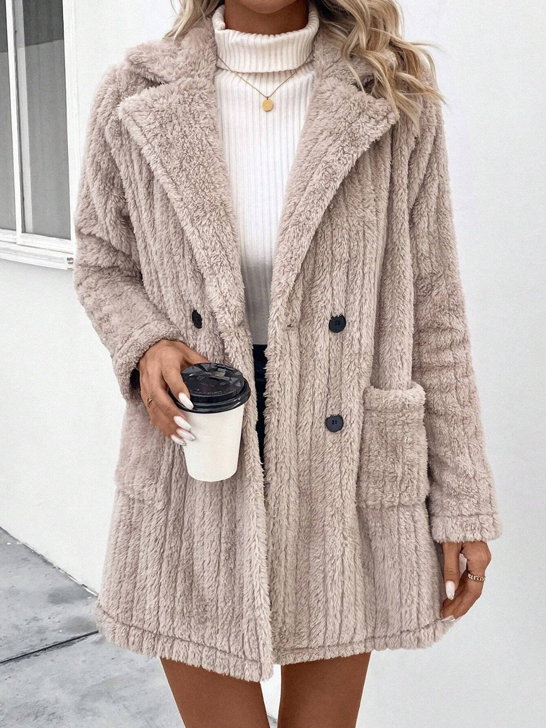 Fuzzy Button Up Long Sleeve Coat with Pockets - Rochelle's House LLC