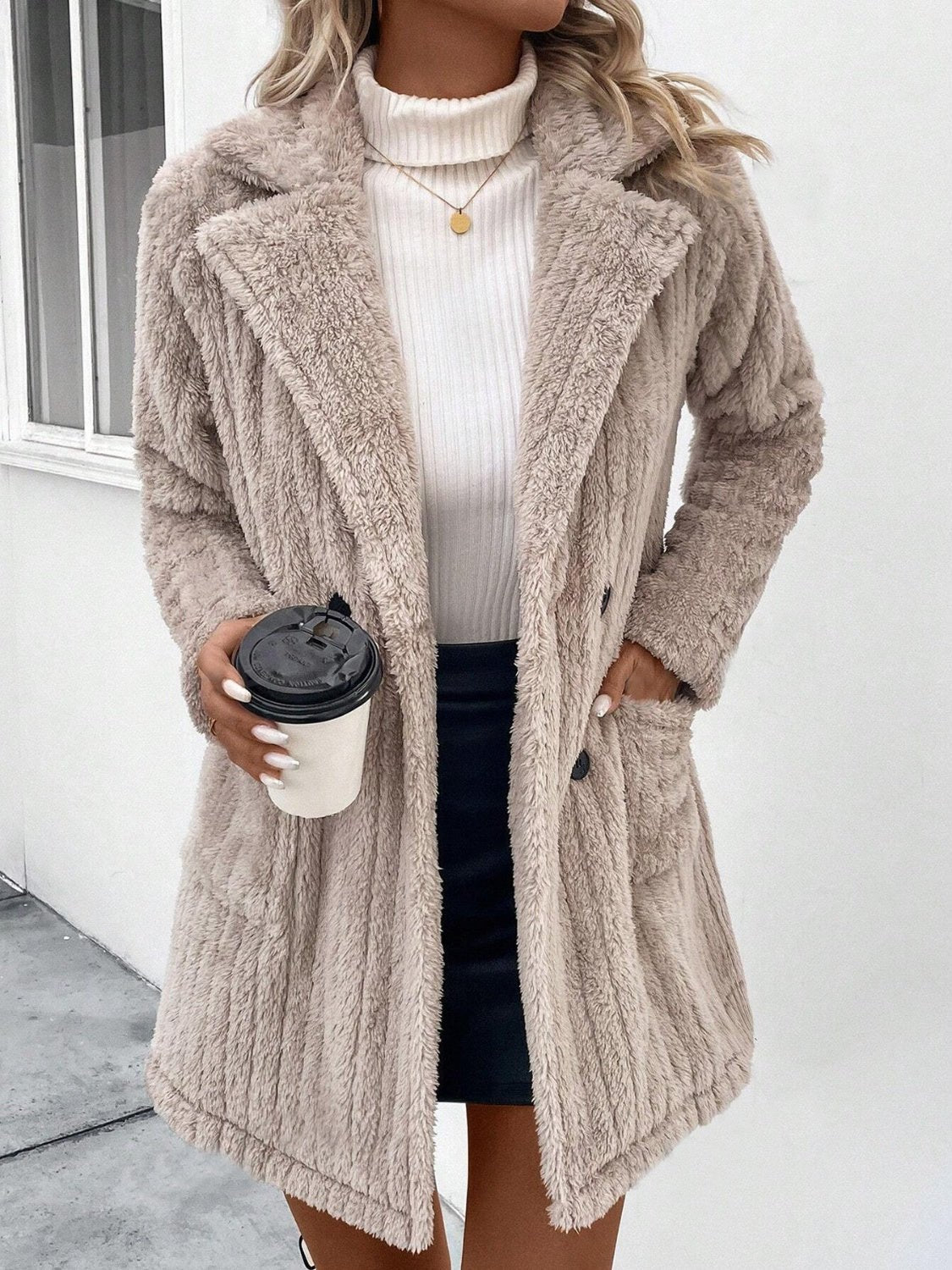 Fuzzy Button Up Long Sleeve Coat with Pockets - Rochelle's House LLC