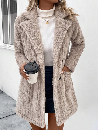 Fuzzy Button Up Long Sleeve Coat with Pockets - Rochelle's House LLC