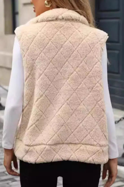 Fuzzy Plaid Texture Zip Up Vest Coat - Rochelle's House LLC