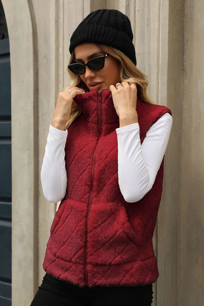 Fuzzy Plaid Texture Zip Up Vest Coat - Rochelle's House LLC