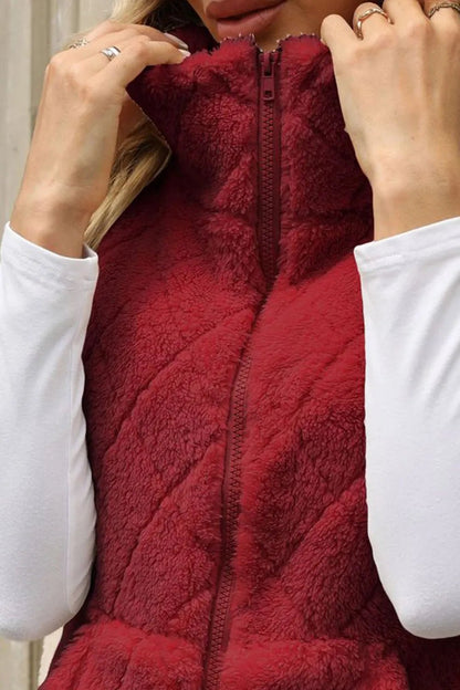 Fuzzy Plaid Texture Zip Up Vest Coat - Rochelle's House LLC