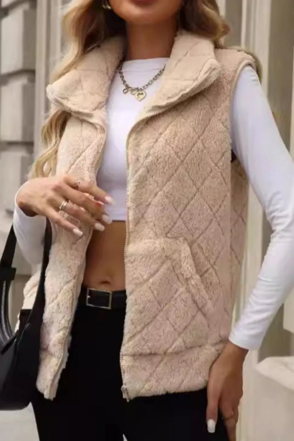 Fuzzy Plaid Texture Zip Up Vest Coat - Rochelle's House LLC