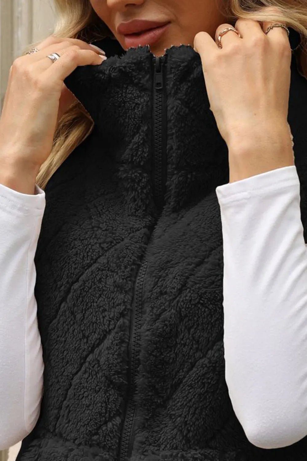 Fuzzy Plaid Texture Zip Up Vest Coat - Rochelle's House LLC