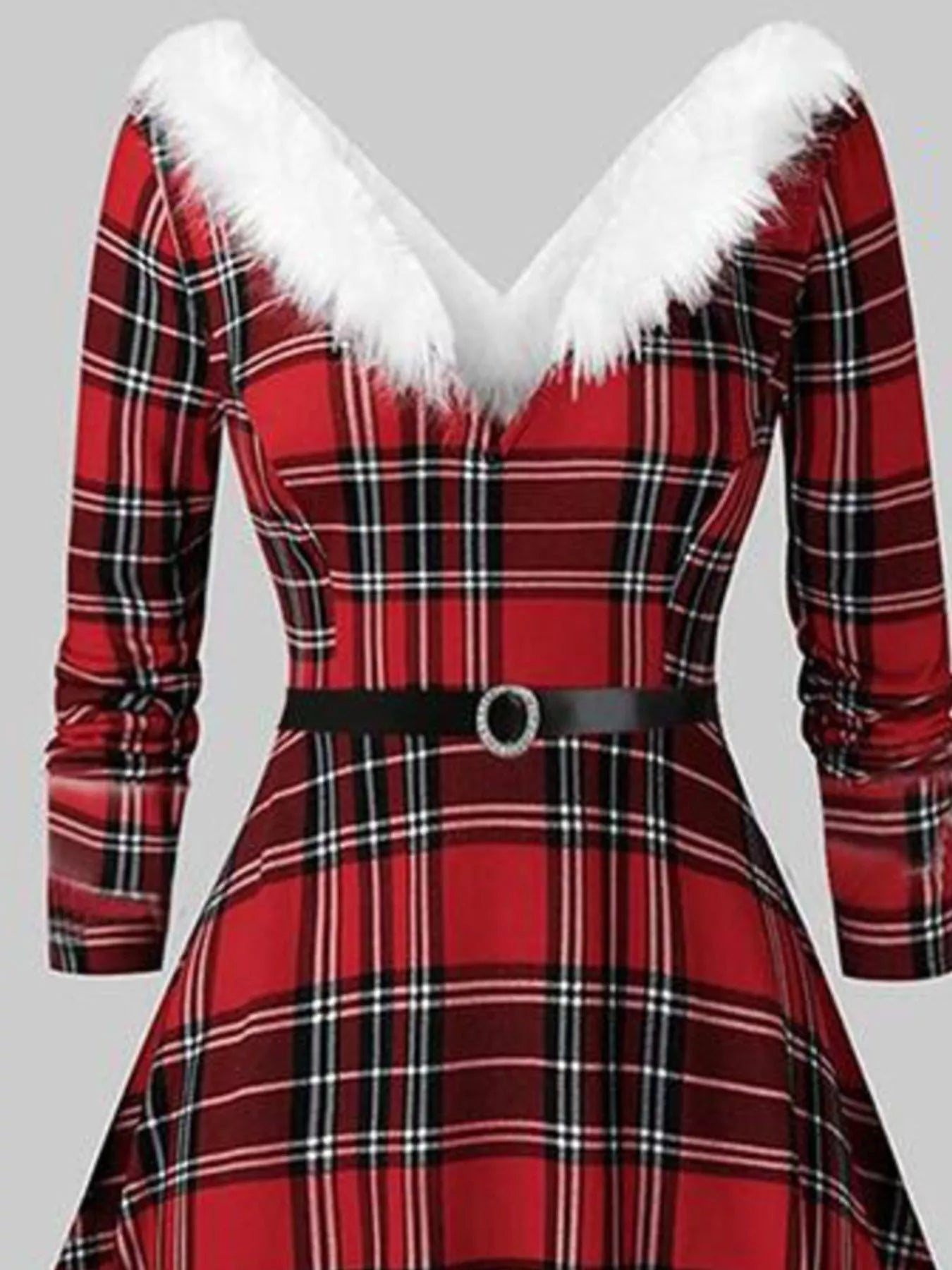 Fuzzy Trim Long Sleeve Christmas Dress - Rochelle's House LLC
