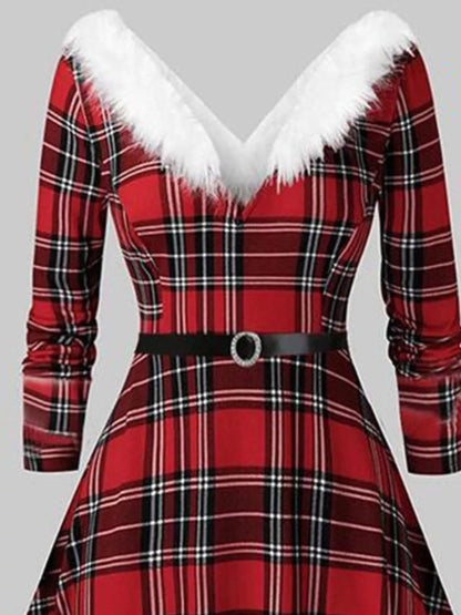 Fuzzy Trim Long Sleeve Christmas Dress - Rochelle's House LLC