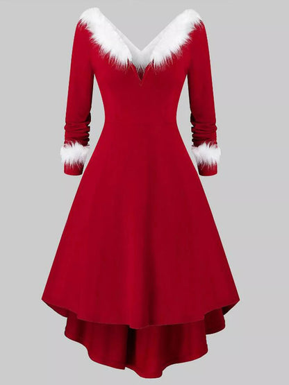 Fuzzy Trim Long Sleeve Christmas Dress - Rochelle's House LLC