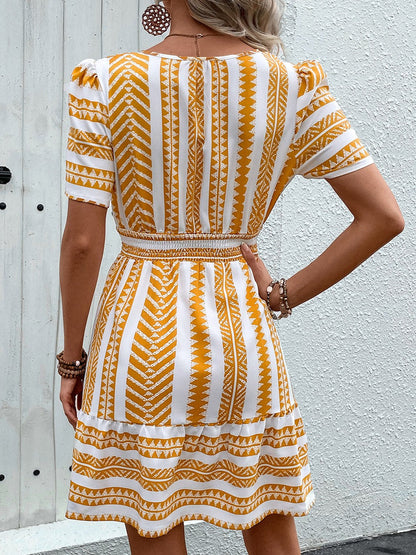 Geometric Notched Short Sleeve Mini Dress - Rochelle's House LLC