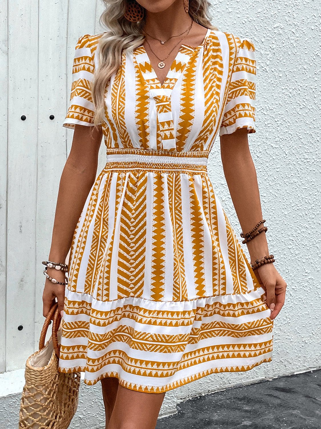 Geometric Notched Short Sleeve Mini Dress - Rochelle's House LLC