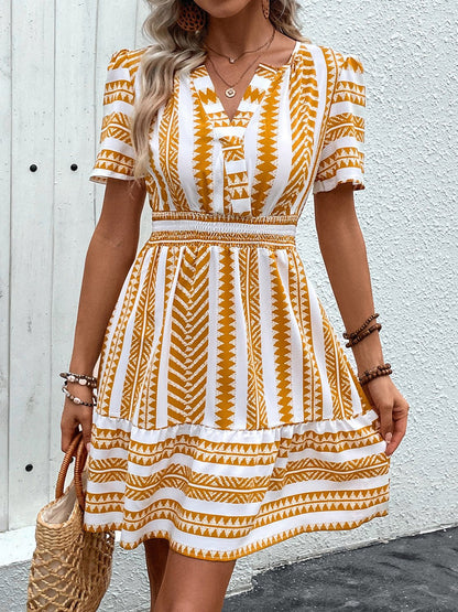 Geometric Notched Short Sleeve Mini Dress - Rochelle's House LLC