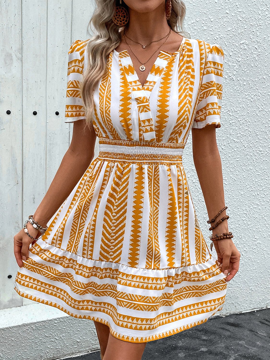 Geometric Notched Short Sleeve Mini Dress - Rochelle's House LLC