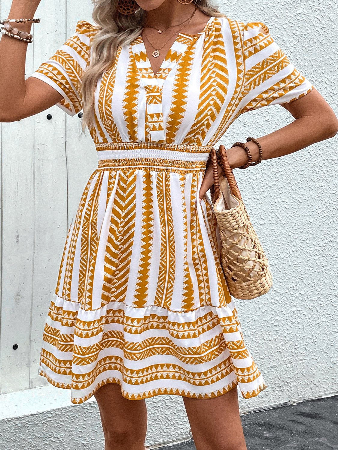 Geometric Notched Short Sleeve Mini Dress - Rochelle's House LLC
