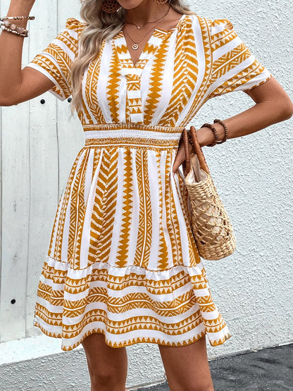 Geometric Notched Short Sleeve Mini Dress - Rochelle's House LLC