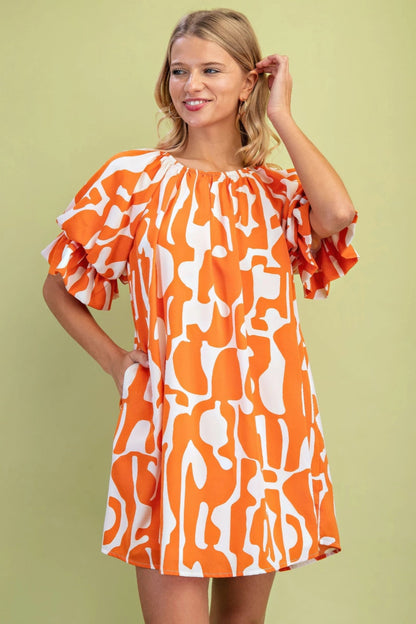 Front view of Geometric Print Loose Fit Mini Dress With Gathered Balloon Sleeves showing neckline and sleeve details