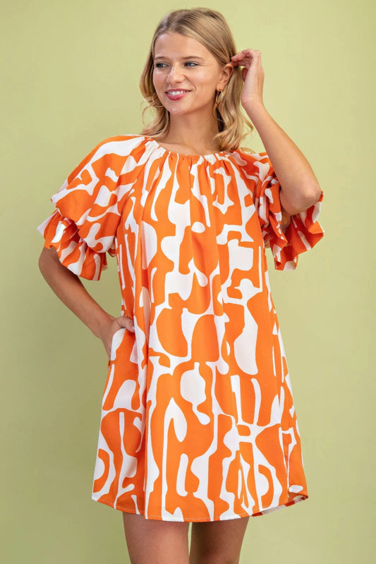 Front view of Geometric Print Loose Fit Mini Dress With Gathered Balloon Sleeves showing neckline and sleeve details