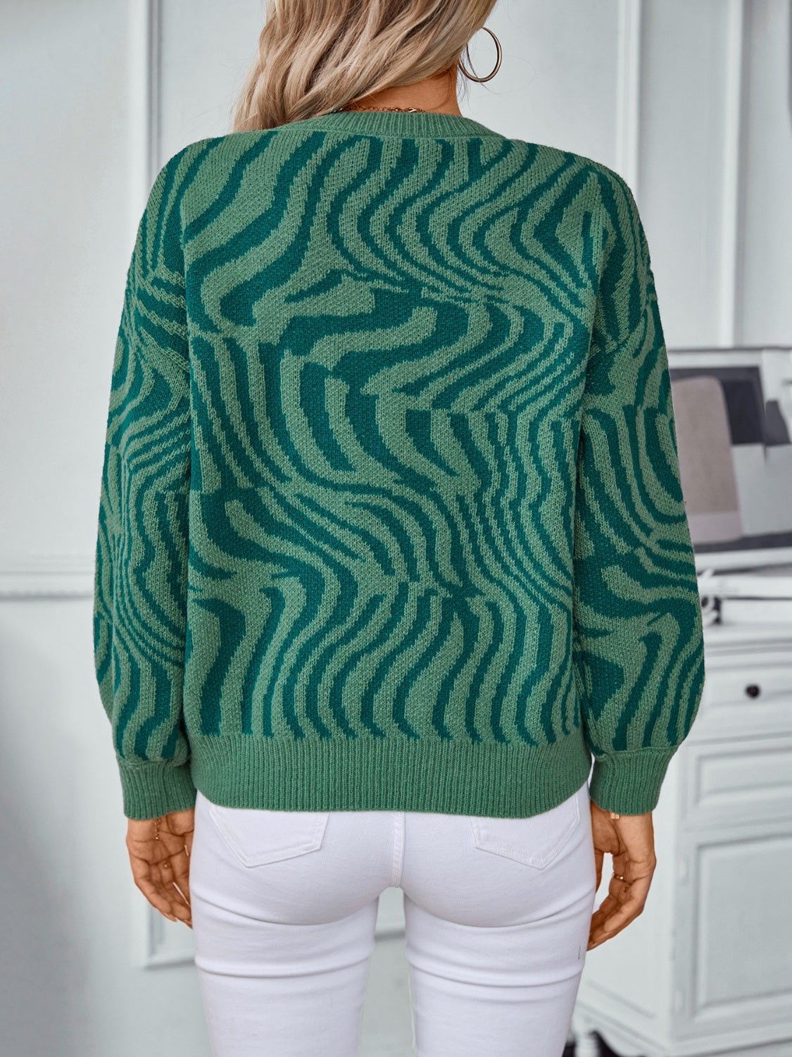Geometric Round Neck Long Sleeve Sweater - Rochelle's House LLC