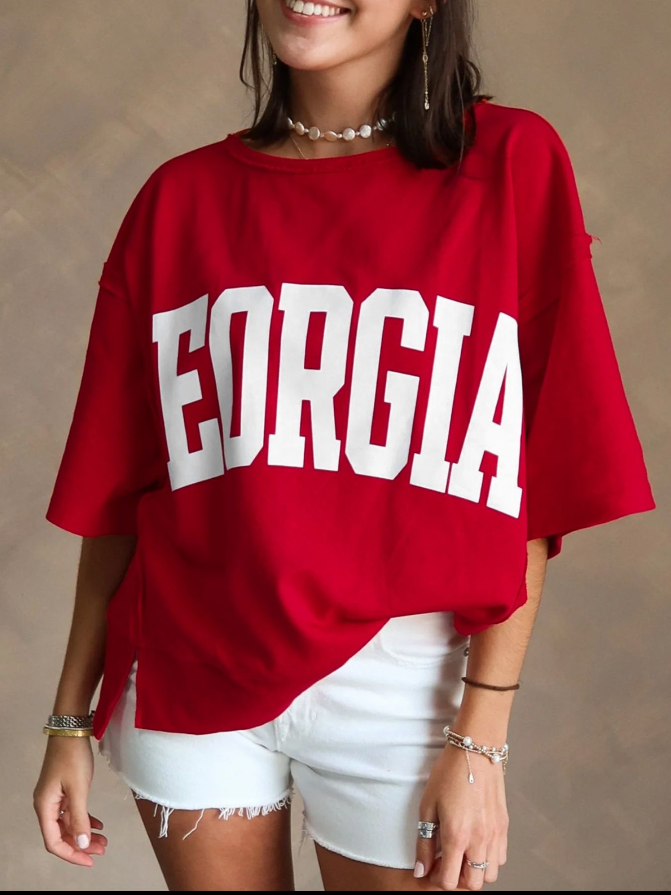 GEORGIE Letter Raw Seam Drop Shoulder Loose Tee - Rochelle's House LLC