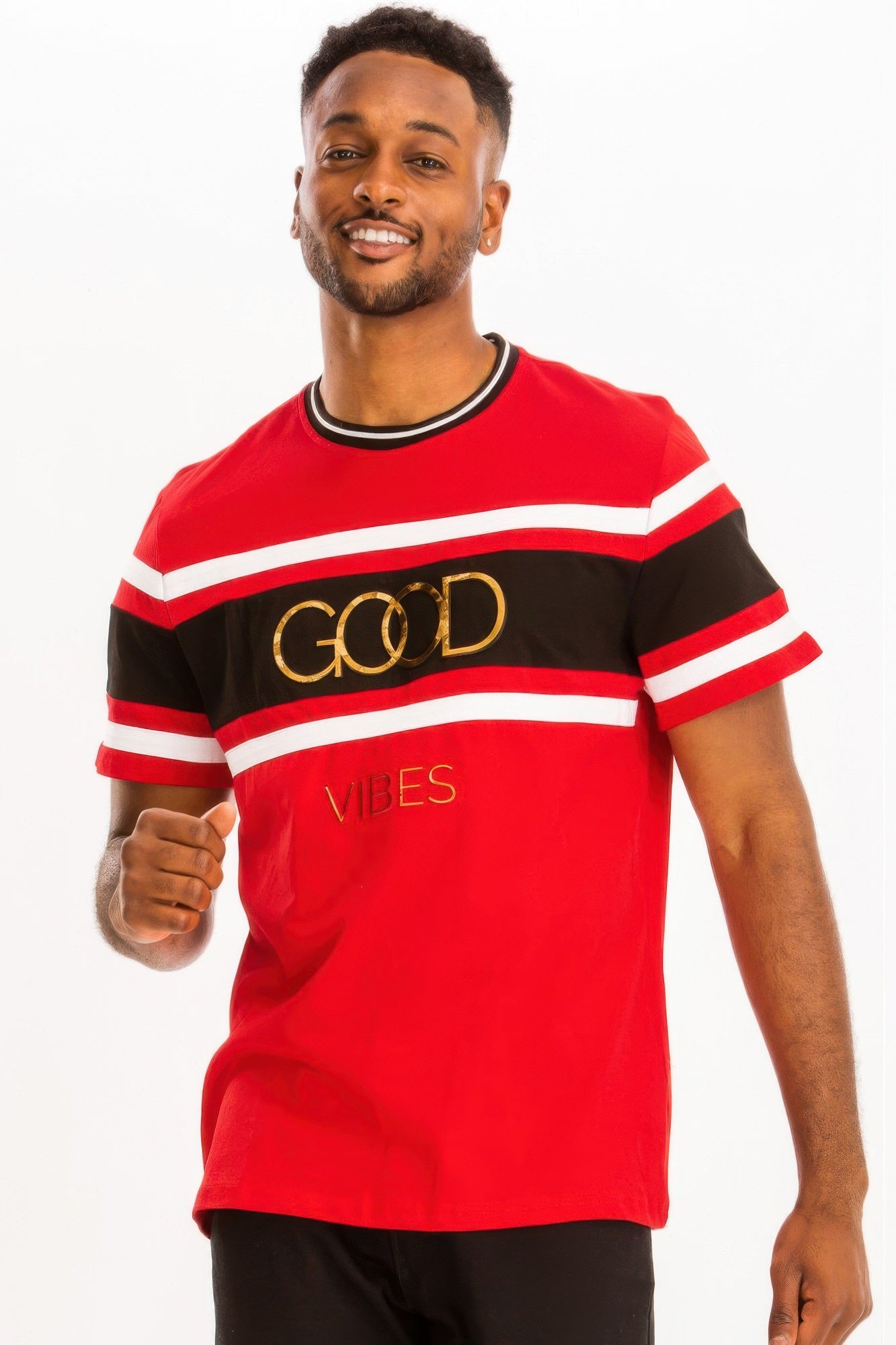 Front view of Good Vibes 3d Design Print Gold Foil in gold showing neckline and sleeve details (100% high)