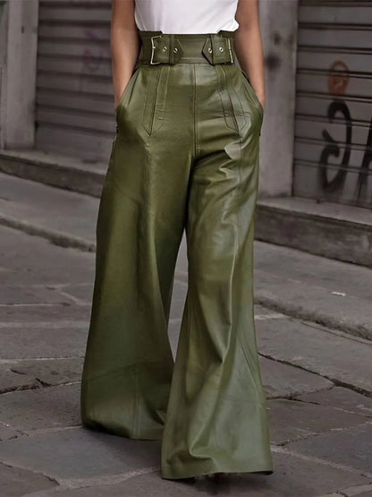 Front view of Half Elastic Waist Wide Leg Pants in Moss showing neckline and sleeve details (100% polyester)
