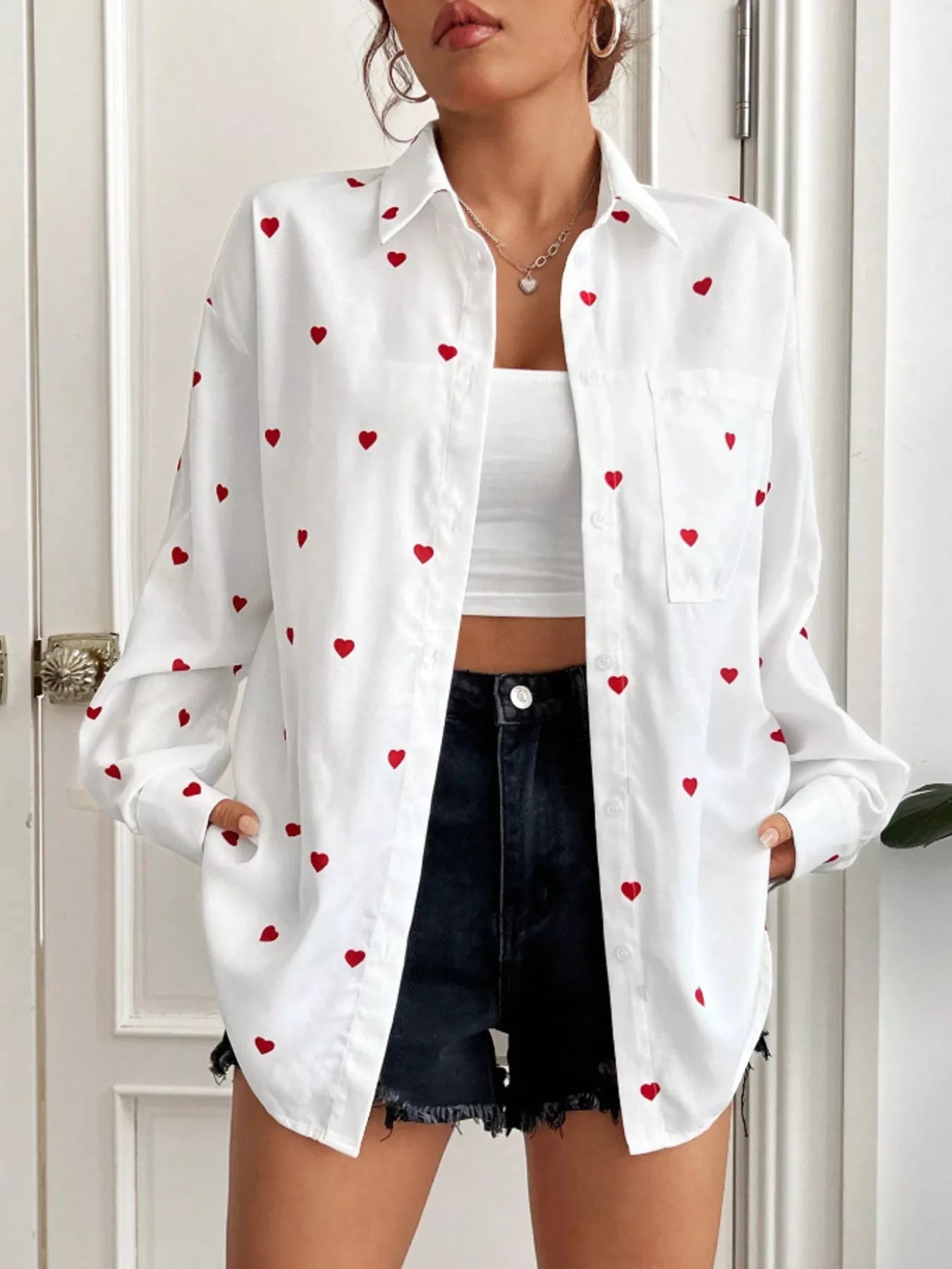Heart Button Up Oversized Shirt - Rochelle's House LLC
