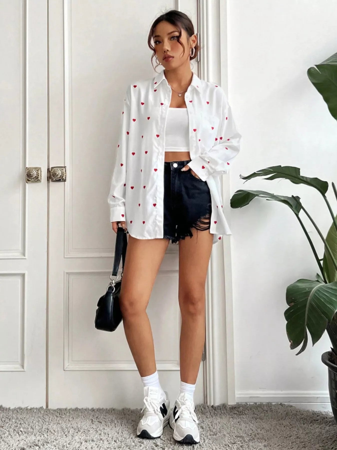 Heart Button Up Oversized Shirt - Rochelle's House LLC