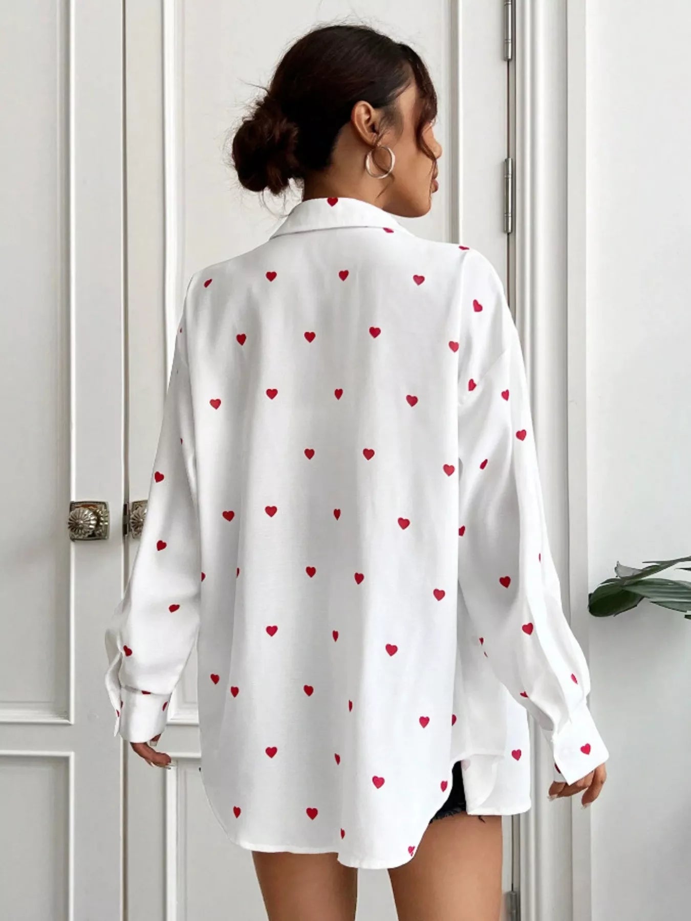 Heart Button Up Oversized Shirt - Rochelle's House LLC