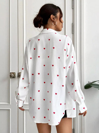 Heart Button Up Oversized Shirt - Rochelle's House LLC