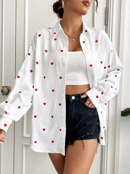 Heart Button Up Oversized Shirt - Rochelle's House LLC