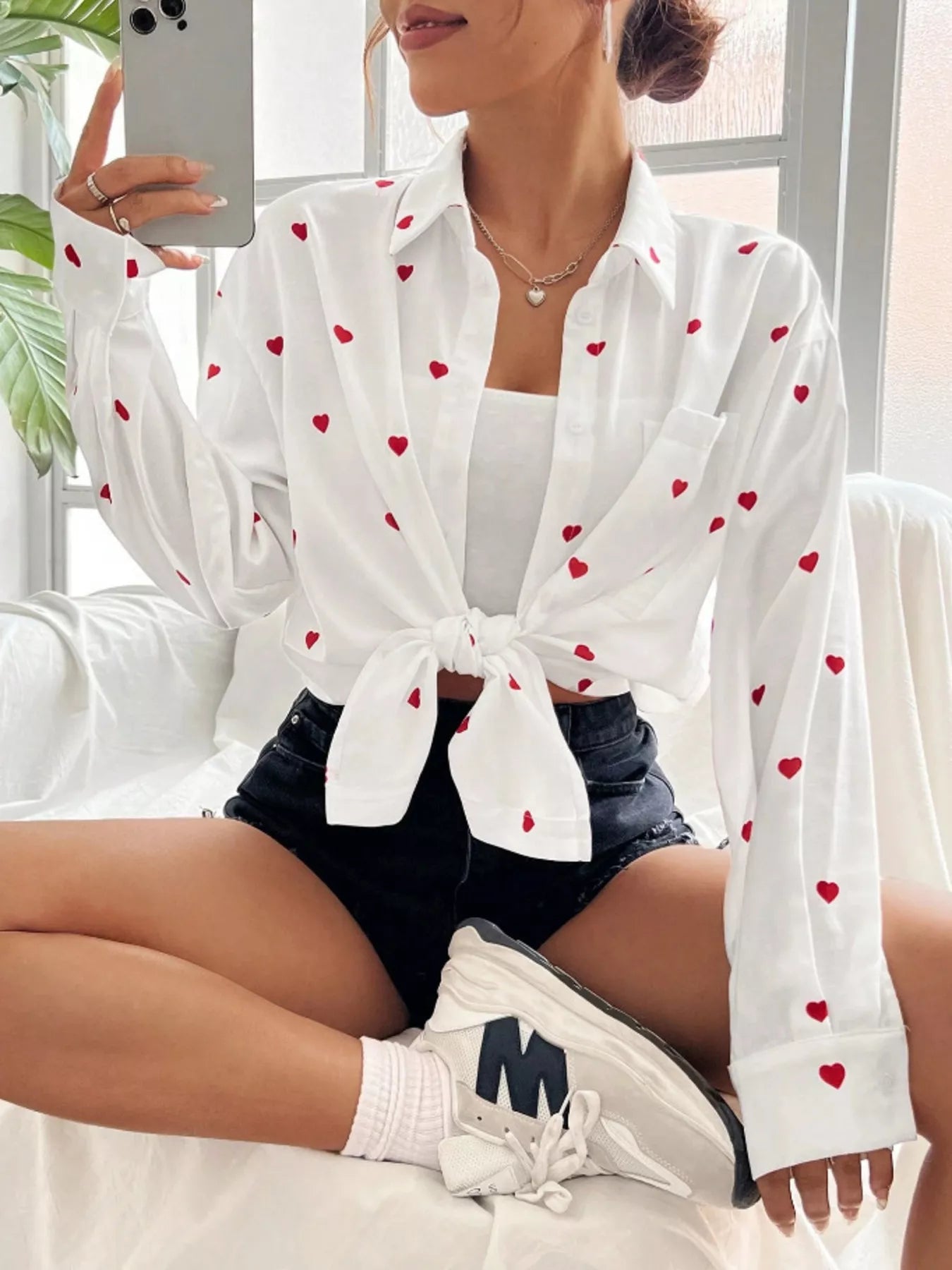 Heart Button Up Oversized Shirt - Rochelle's House LLC