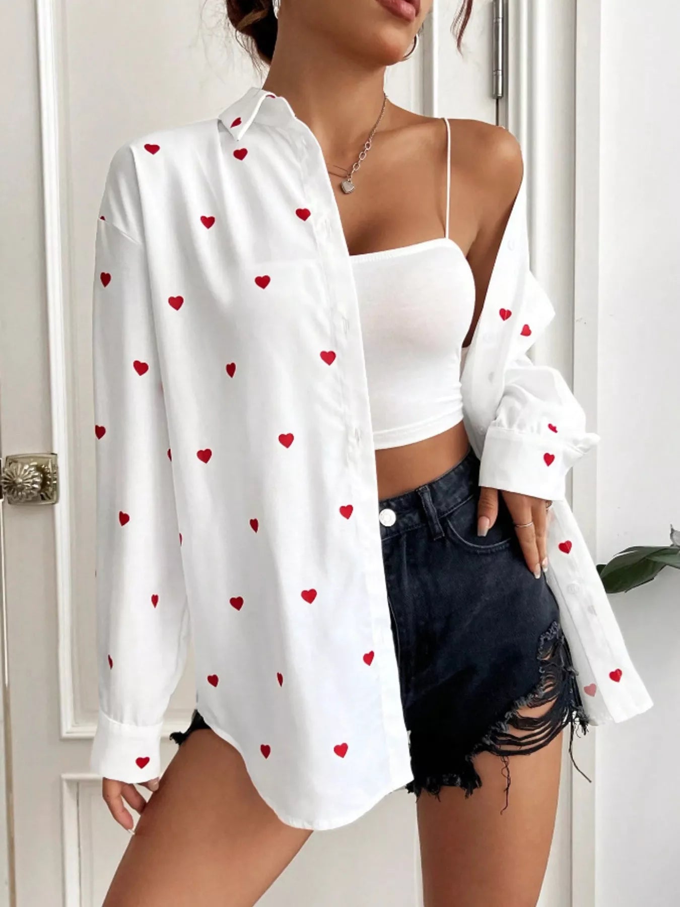 Heart Button Up Oversized Shirt - Rochelle's House LLC