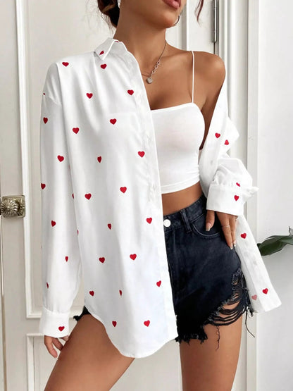 Heart Button Up Oversized Shirt - Rochelle's House LLC