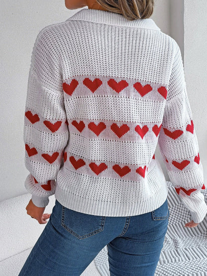 Heart Johnny Collar Long Sleeve Sweater - Rochelle's House LLC