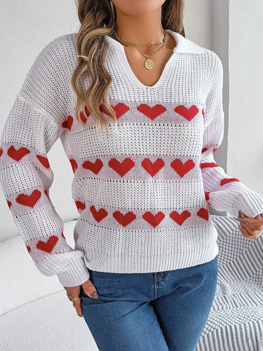 Heart Johnny Collar Long Sleeve Sweater - Rochelle's House LLC