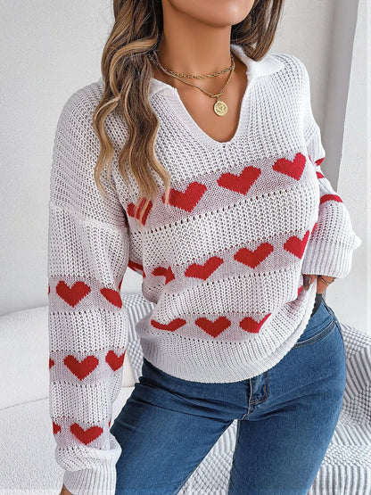 Heart Johnny Collar Long Sleeve Sweater - Rochelle's House LLC