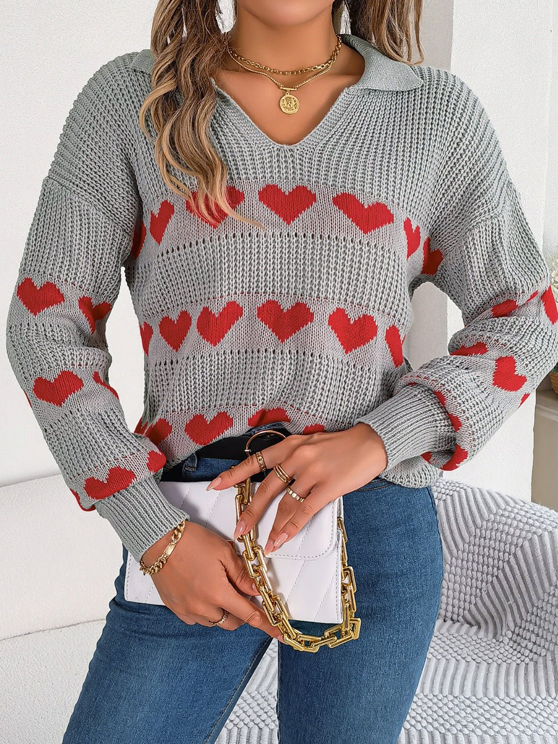 Heart Johnny Collar Long Sleeve Sweater - Rochelle's House LLC