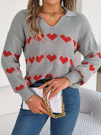 Heart Johnny Collar Long Sleeve Sweater - Rochelle's House LLC