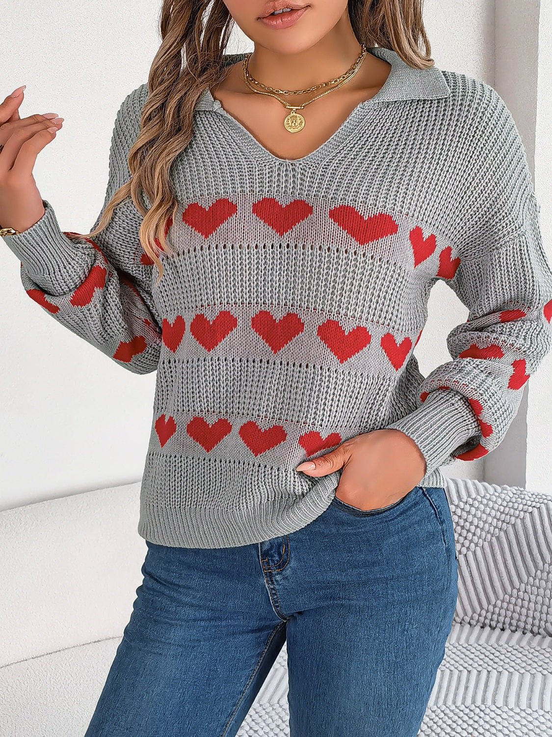 Heart Johnny Collar Long Sleeve Sweater - Rochelle's House LLC