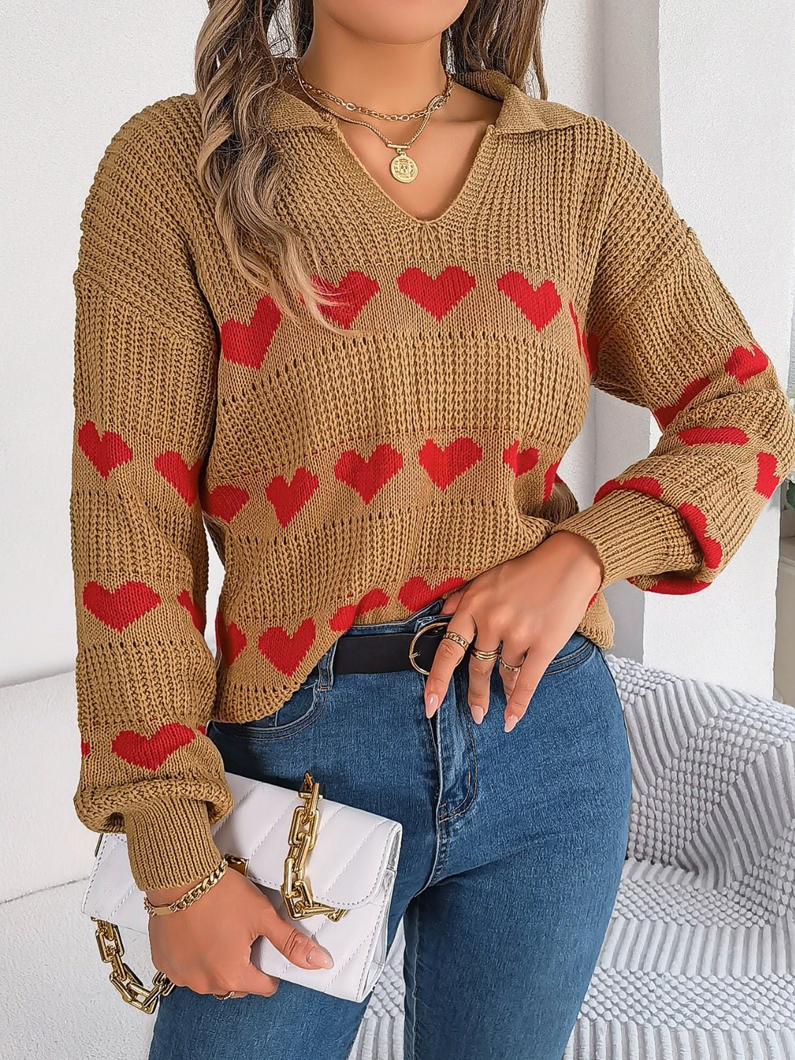 Heart Johnny Collar Long Sleeve Sweater - Rochelle's House LLC