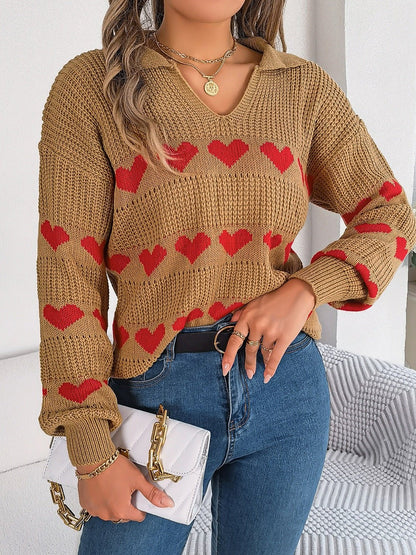 Heart Johnny Collar Long Sleeve Sweater - Rochelle's House LLC