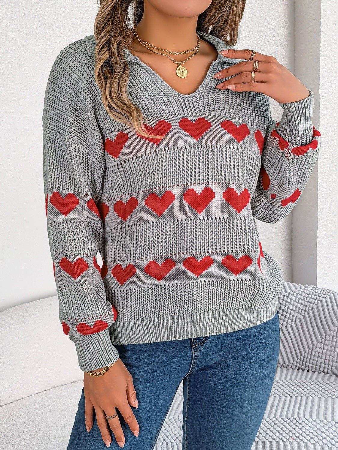 Heart Johnny Collar Long Sleeve Sweater - Rochelle's House LLC