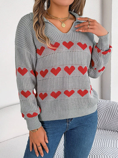 Heart Johnny Collar Long Sleeve Sweater - Rochelle's House LLC